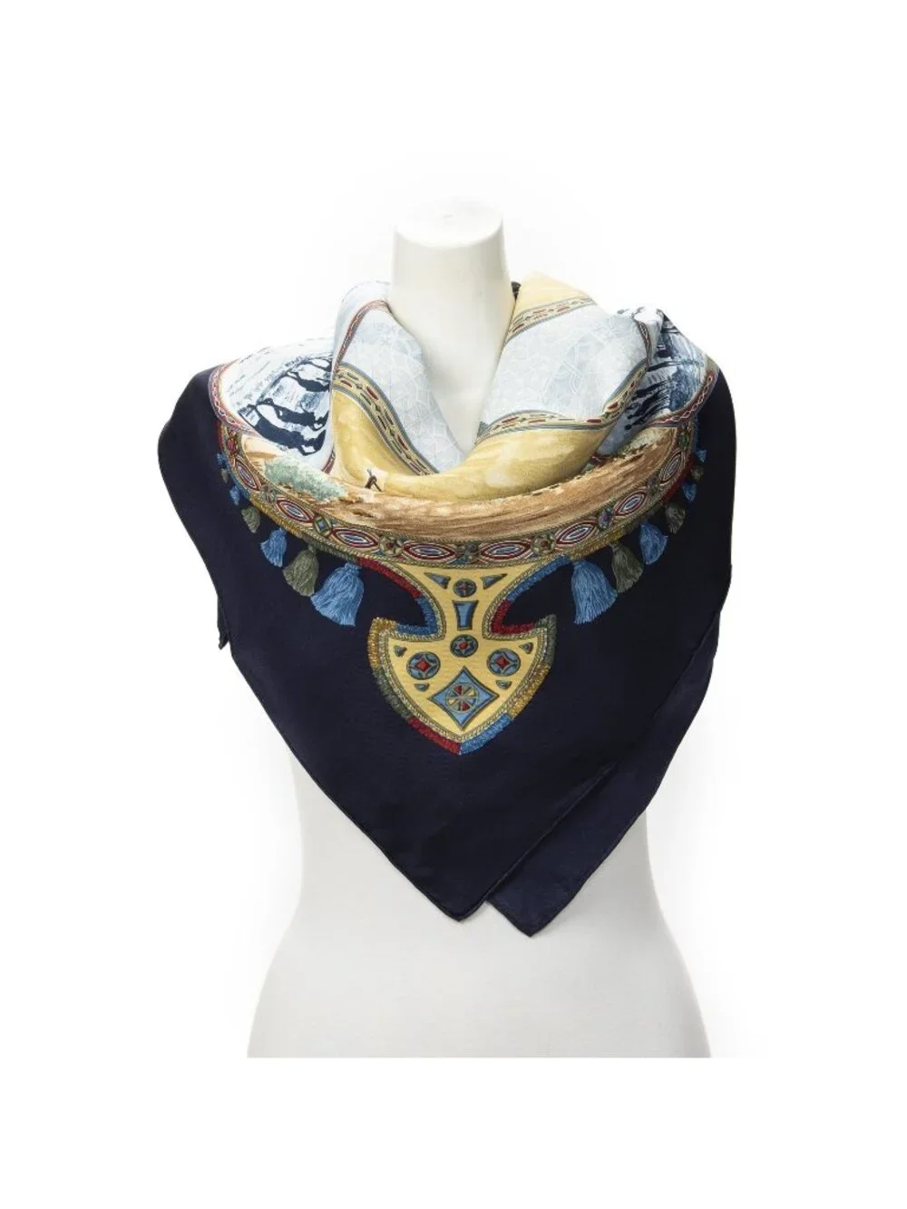 Hermes Scarf Navy Beige Light Blue 100% Twill Silk